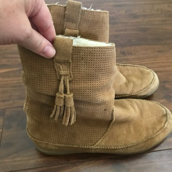 American Eagle Women's Brown Suede Leather Faux Fur-Lined Slouchy Booties Size 7 - Picture 5 of 11